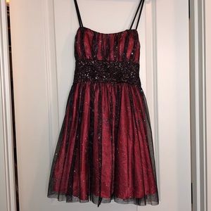 Red and black sparkly short spaghetti strap formal dress